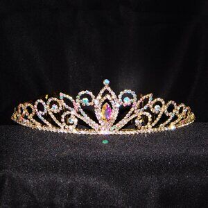 Gold AB  IRIDESCENT Rhinestone Tiara Princess Crystal Crown Bridal prom …